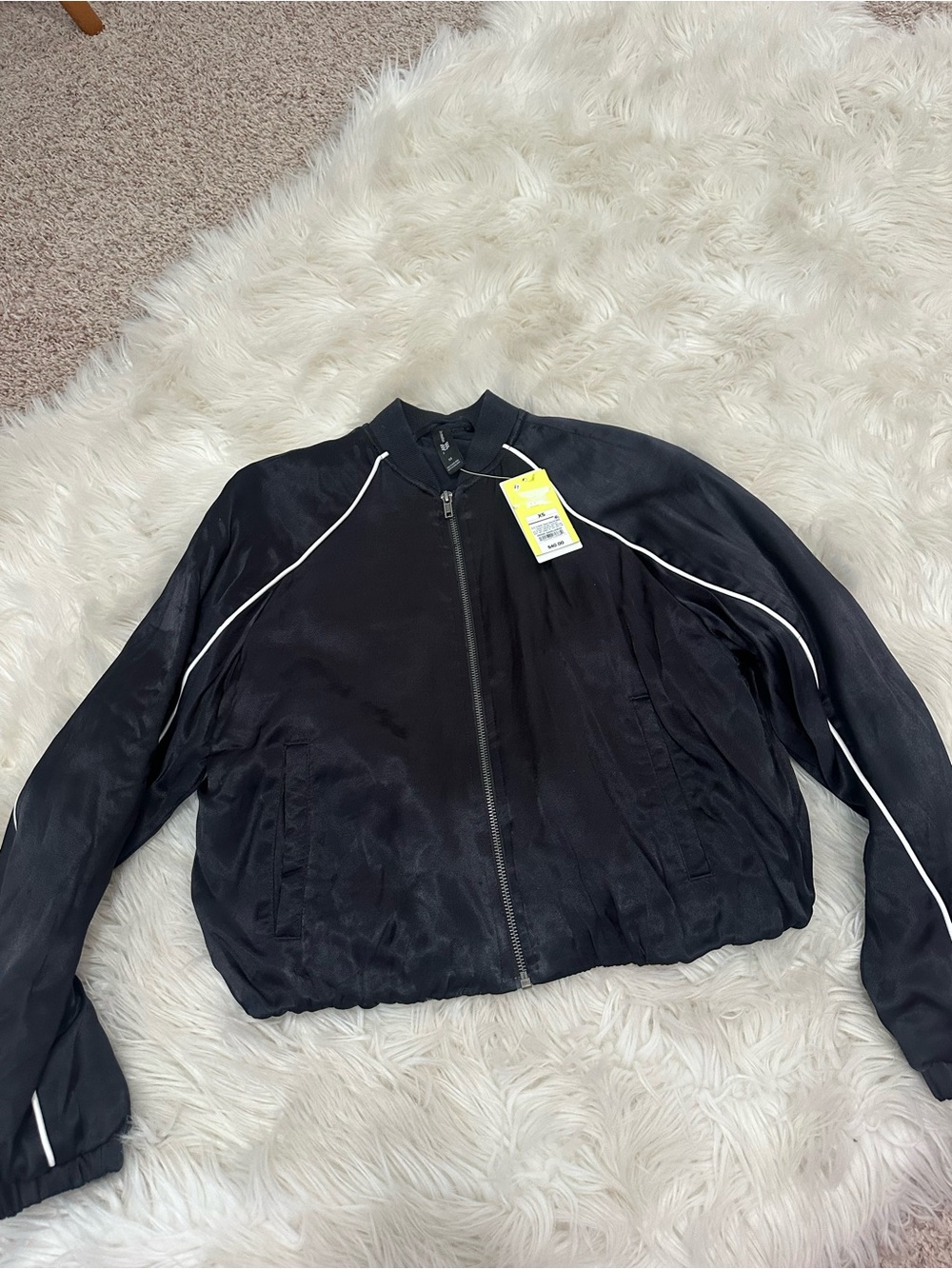 all in motion Black Bomber Jacket with White Piping Detail